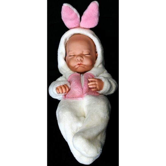 Anatomically Correct Baby Girl Doll in White Bunny Sleeper 1 Pc Eyelashes - Picture 1 of 12